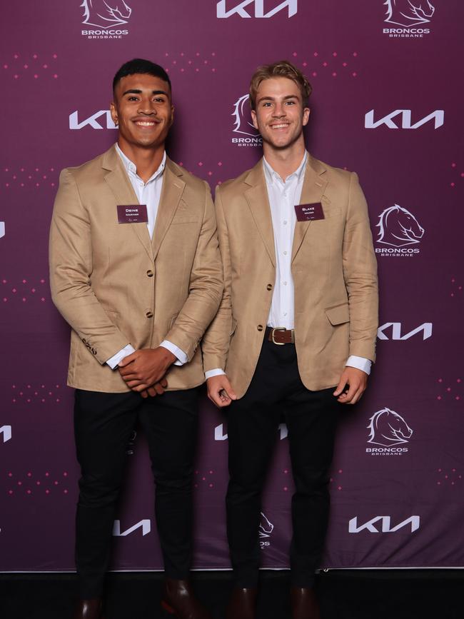 Deine Mariner and Blake Mozer at the Brisbane Broncos’ season launch at Water’s Edge, Hamilton. Picture: David Clark