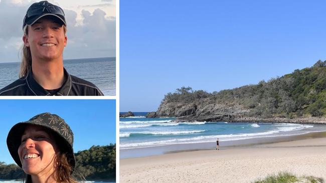 Two surfing champion brothers and an off duty lifeguard from Argentina are being hailed as heroes after they helped save two nudists from near drowning on a remote Noosa beach.