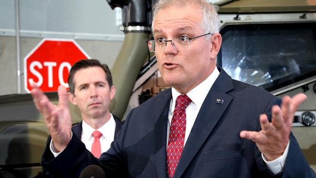 Prime Minister Scott Morrison and Finance Minister Simon Birmingham in Adelaide. Picture: NCA NewsWire /Dean Martin