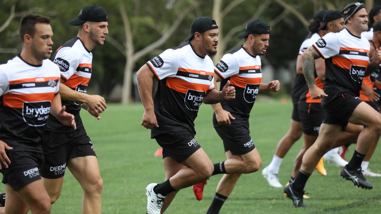 Wests Tigers slog it out at training on Monday. Picture: Tigers Digital