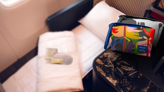 LATAM’s lie-flat bed and amenity kit.