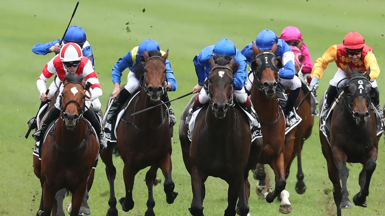 SYDNEY, AUSTRALIA - NOVEMBER 04: Joshua Parr riding Obamburumai wins Race 8 James Squire Golden Eagle during Sydney Racing at Rosehill Gardens on November 04, 2023 in Sydney, Australia. (Photo by Jason McCawley/Getty Images)