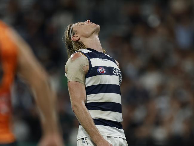 Mark Blicavs after missing a late set shot on goal. Picture: Michael Klein
