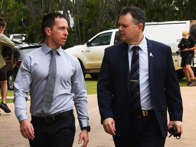 Zach Rolfe and Paul McCue outside the Supreme Court. Picture: (A)manda Parkinson