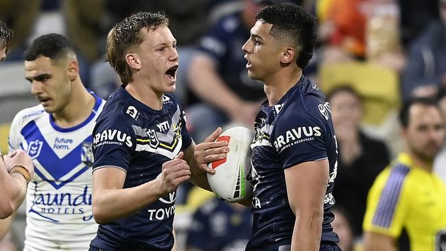 TOWNSVILLE, AUSTRALIA - JULY 21: Heilum Luki of the Cowboys celebrates after scoring a try during the round 20 NRL match between North Queensland Cowboys and Canterbury Bulldogs at Qld Country Bank Stadium, on July 21, 2024, in Townsville, Australia. (Photo by Ian Hitchcock/Getty Images)