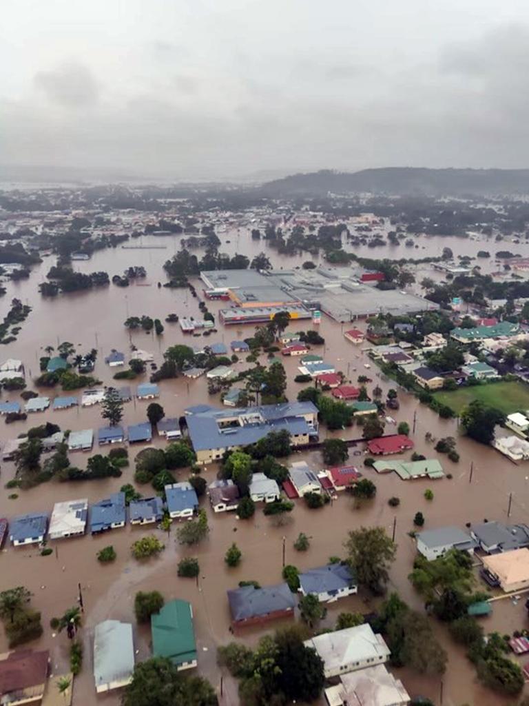 LISMORE, AUSTRALIA – NewsWire Photos FEBRUARY 28, 2022: An aerial image of Lismore in northern NSW shows extensive flooding as the region experiences the worst floods in a century. Picture: NCA NewsWire