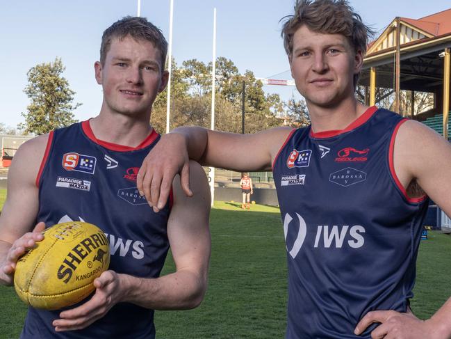 September 3, 2024: Norwood key forwards Izaak Twelftree and Finn Heard together at Norwood Oval, Picture: Kelly Barnes