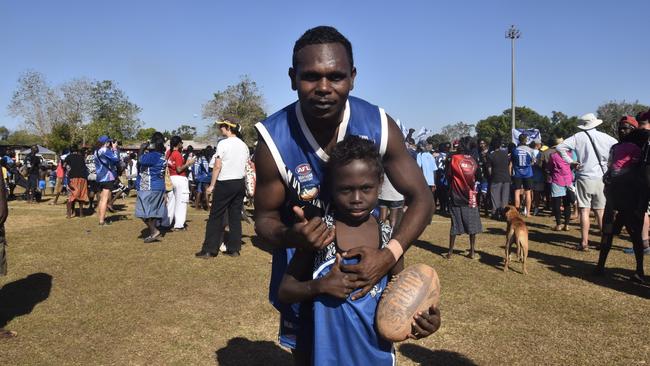 Michael Lorenzo following the win in the Tiwi Island Football League grand final between Tuyu Buffaloes and Pumarali Thunder. Picture: Max Hatzoglou