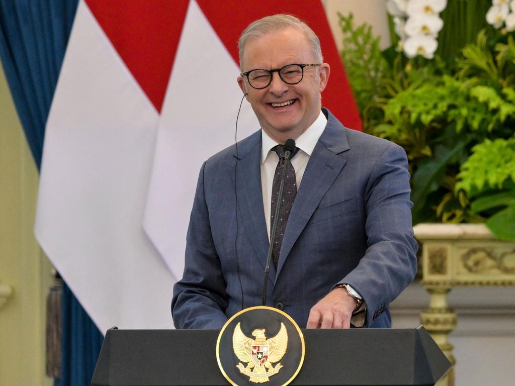 Winners are grinners: Australian Prime Minister Anthony Albanese was all smiles at a joint press conference with Indonesian President Prabowo Subianto at the Merdeka Palace in Jakarta on May 15. Picture: Bay Ismoyo/AFP