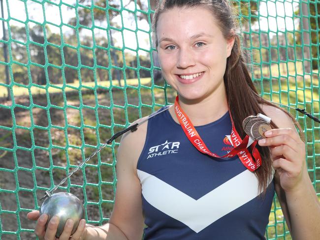 Doncaster East athlete Stephanie Ratcliffe competed last weekend at the Australian Junior Championships that was held in Sydney and placed 3rd in the U20 Womenâ€™s Hammer Throw. Wednesday, March 28. 2018. Picture: David Crosling