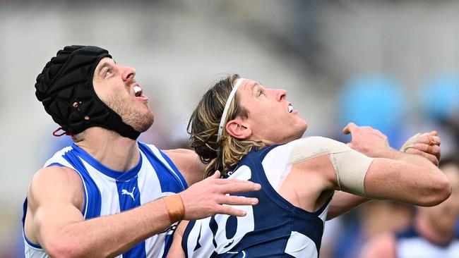 Tristan Xerri had the better of Mark Blicavs. Picture: Steve Bell/Getty Images