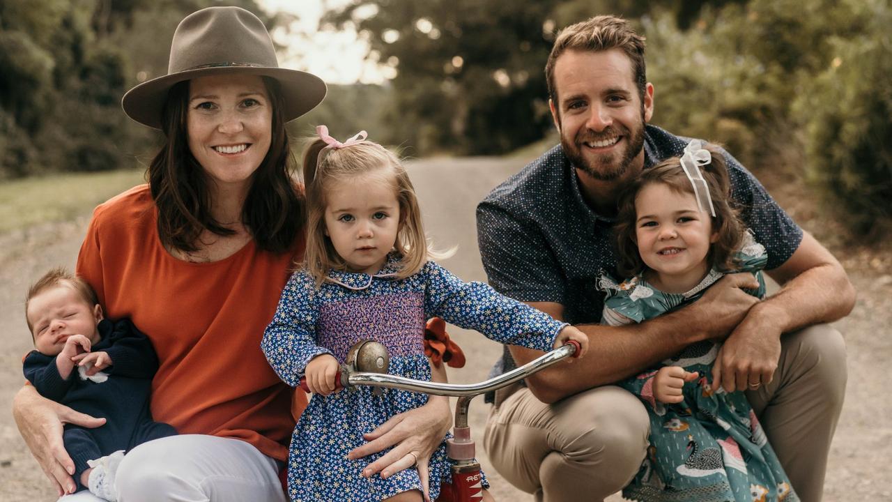 Sam Entwisle, her husband Phill and their three children. Sam was diagnosed with stage four bowel cancer last year, shortly after giving birth to their third child. Picture: Supplied