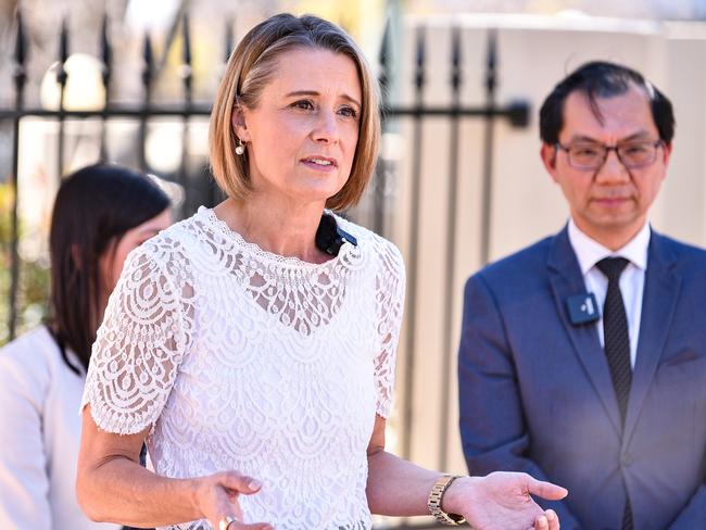 SYDNEY, AUSTRALIA - NewsWire Photos , September 11, 2021: Labor Senator Kristina Keneally along with President of the Vientnamese Community in Australia Paul Nguyen speak to the media during a press conference at The Vietnamese Community Cultural Centre in Sydney.  Picture: NCA NewsWire / Flavio Brancaleone