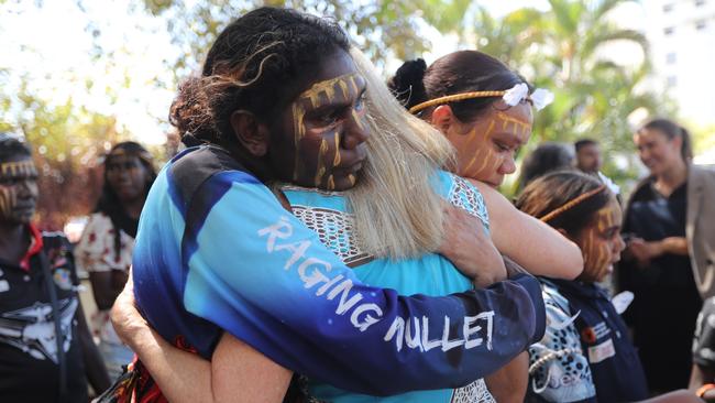 Munupi family members embraced NT Coroner Elisabeth Armitage following the  death in care coronial investigation for 47-year-old Pukumani Alimankinni on April 24, 2024. Picture: Zizi Averill