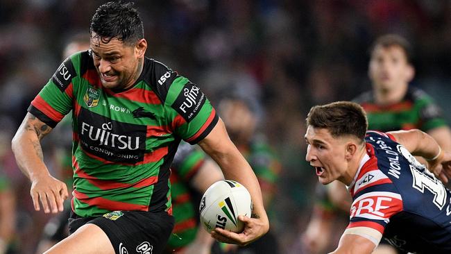 South Sydney’s John Sutton makes a break against the Roosters in last year’s preliminary final. The foundations were set. Picture: AAP/Dan Himbrechts.