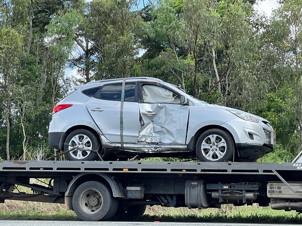 Clayton's Towing remove a car and motorcycle from the scene of a two-vehicle crash on the Bruce Highway at Koumala on Easter Monday. Picture: Janessa Ekert