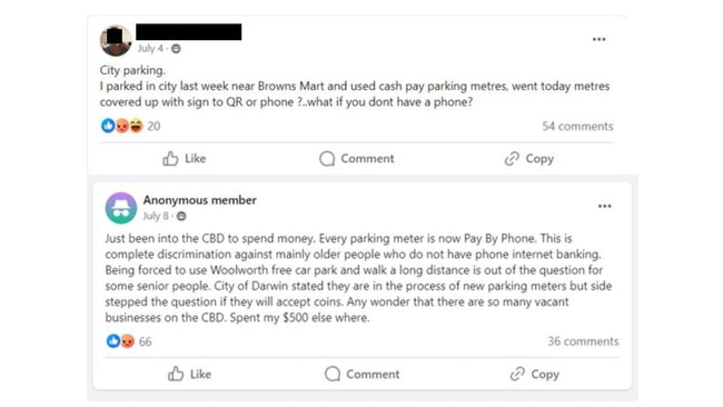 Darwinites venting their frustration online about the ongoing inability to pay with cash or card at city parking meters. Picture: Facebook/ Darwin - Have a Whinge