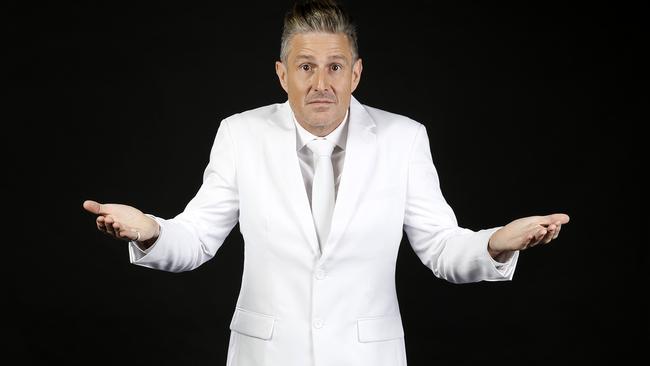 Comedian Wil Anderson has swapped his iconic black attire for a white suit at this year’s Melbourne comedy festival show. Picture: David Caird