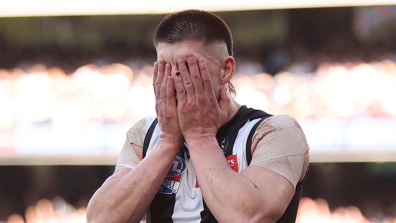 Brayden Maynard reacts after missing his set shot on goal. Picture: Robert Cianflone/AFL Photos/via Getty Images