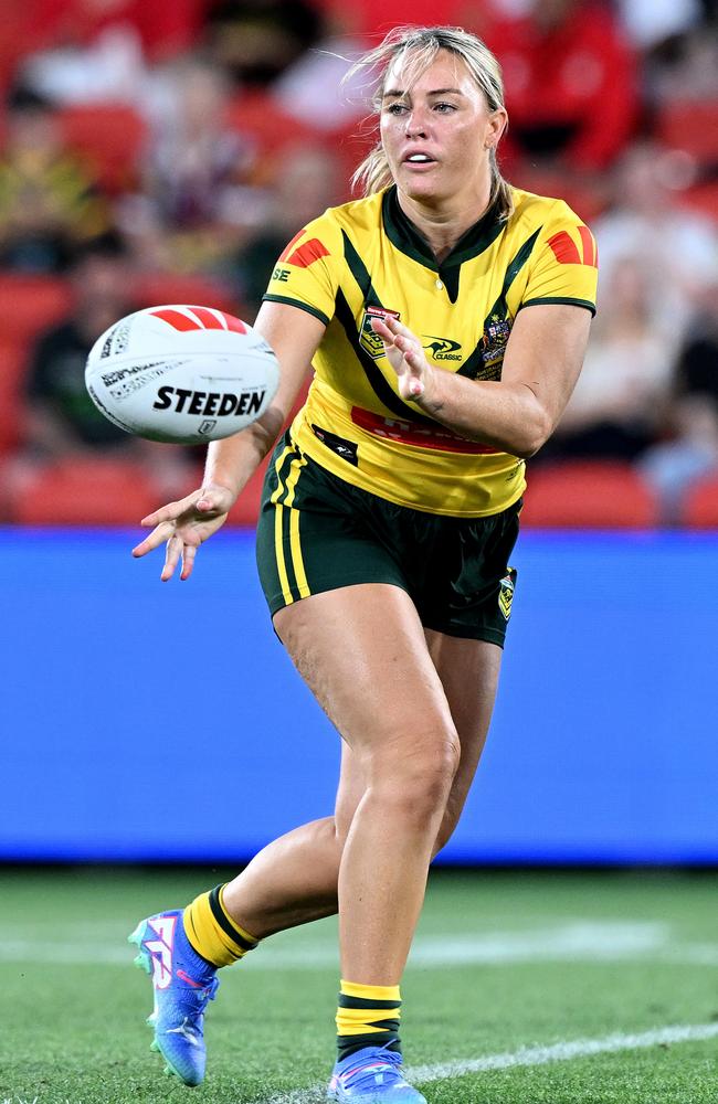 Olivia Higgins claimed her illustrious Test debut in Australia’s win over PNG. Picture: Bradley Kanaris/Getty Images