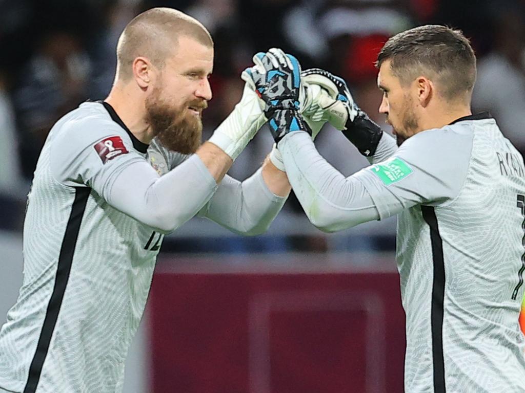 Andrew Redmayne (left) and Mat Ryan are two of the three keepers in Australia’s World Cup squad. Picture: Karim Jaafar / AFP