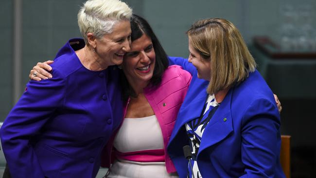 Kerryn Phelps, Julia Banks and Rebekha Sharkie last night. Picture: AAP