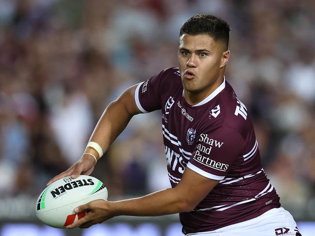 SYDNEY, AUSTRALIA - MARCH 16:  Josh Schuster of the Sea Eagles passes the ball during the round three NRL match between Manly Sea Eagles and Parramatta Eels at 4 Pines Park on March 16, 2023 in Sydney, Australia. (Photo by Cameron Spencer/Getty Images)