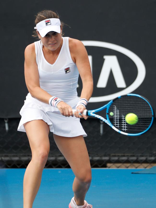 Kimberly Birrell of Australia plays a backhand in her doubles first round match with Priscilla Hon of Australia against Harriet Dart of Great Britain and Anett Kontaveit of Estonia during day four of the 2019 Australian Open at Melbourne Park on January 17 in Melbourne, Australia. (Photo by Darrian Traynor/Getty Images)