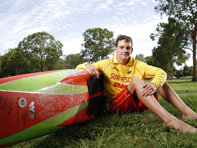 Nipper from TH&amp;C (Tweed Heads and Coolangatta Surf Life Saving Club) Clayton Schilg, 14, posing at Mansfield, Brisbane 22nd of January 2020. Clayton saved four people from drowning at Wooyung in NSW while on holidays with his family. (AAP Image/Josh Woning)