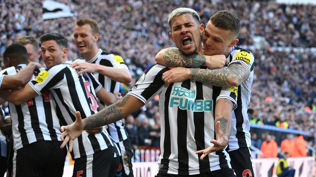 NEWCASTLE UPON TYNE, ENGLAND – APRIL 02: Newcastle player Bruno Guimaraes(l) celebrates with Kieran Trippier after the first Newcastle goal during the Premier League match between Newcastle United and Manchester United at St. James Park on April 02, 2023 in Newcastle upon Tyne, England. (Photo by Stu Forster/Getty Images)