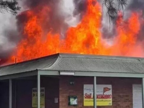 The Narrabeen Lakes Sailing Club at Jamieson Park at the height of the blaze on Saturday evening, November 27, 2021. Picture: Narrabeen Lakes Sailing Club