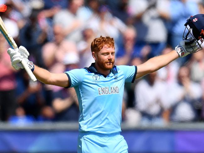 CHESTER-LE-STREET, ENGLAND - JULY 03:  Jonny Bairstow of England celebrates his century during the Group Stage match of the ICC Cricket World Cup 2019 between England and New Zealand at Emirates Riverside on July 03, 2019 in Chester-le-Street, England. (Photo by Clive Mason/Getty Images)