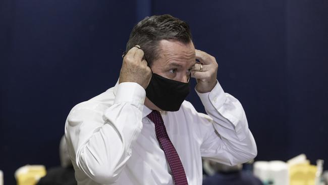 WA Premier Mark McGowan is seen wearing a face mask at the opening of the Claremont Showgrounds Covid-19 Vaccine Centre today. Picture: Getty Images