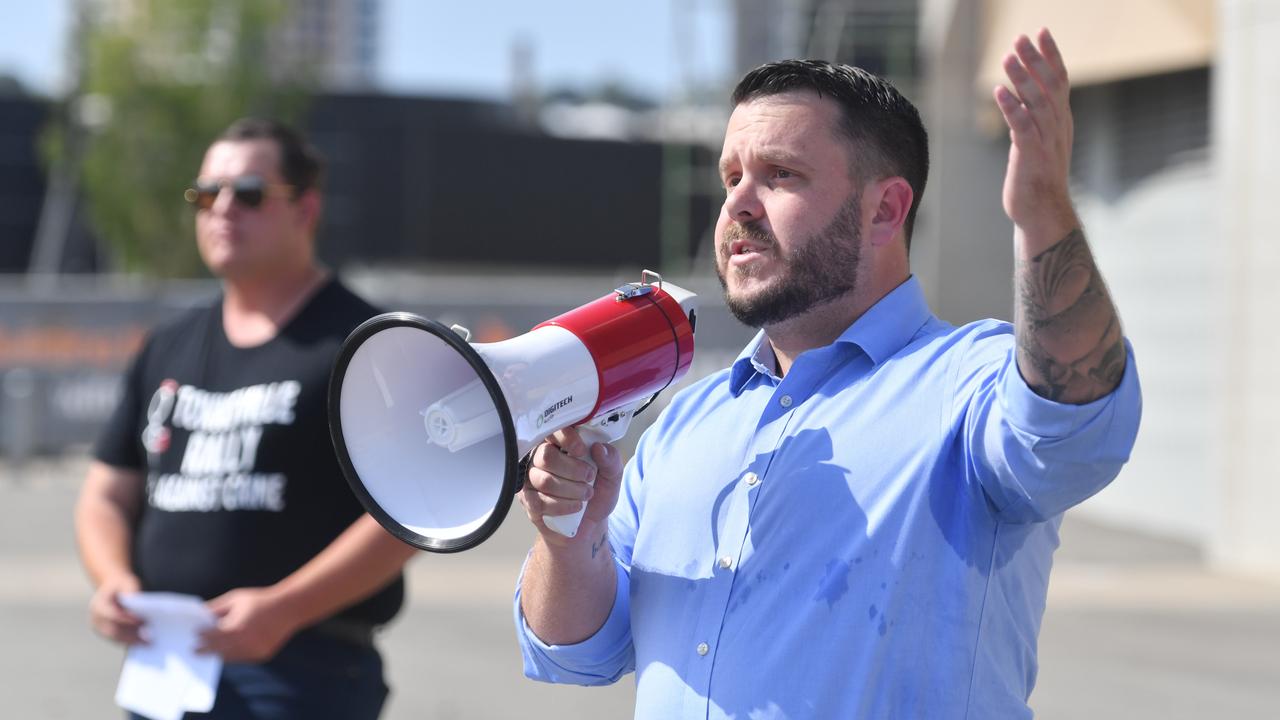 Federal Member Phillip Thompson speaking at a crime rally outside Qld Country Bank Stadium in Townsville in 2023.