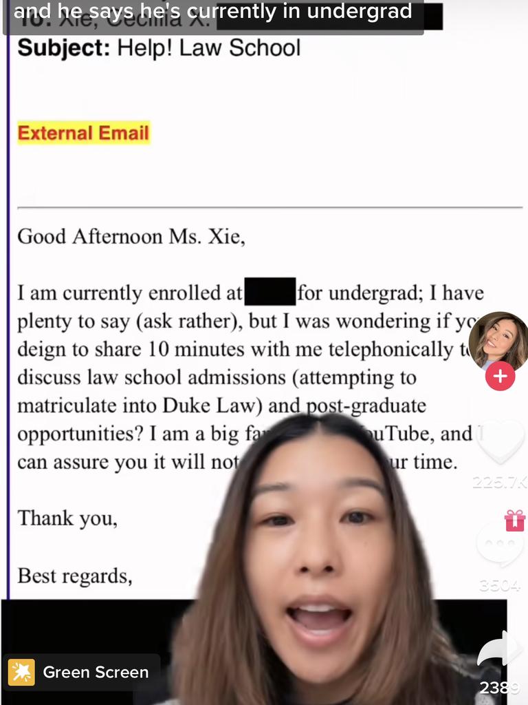An undergraduate emailed NYC lawyer Cece Xie for advice. Picture: @cecexie / TikTok