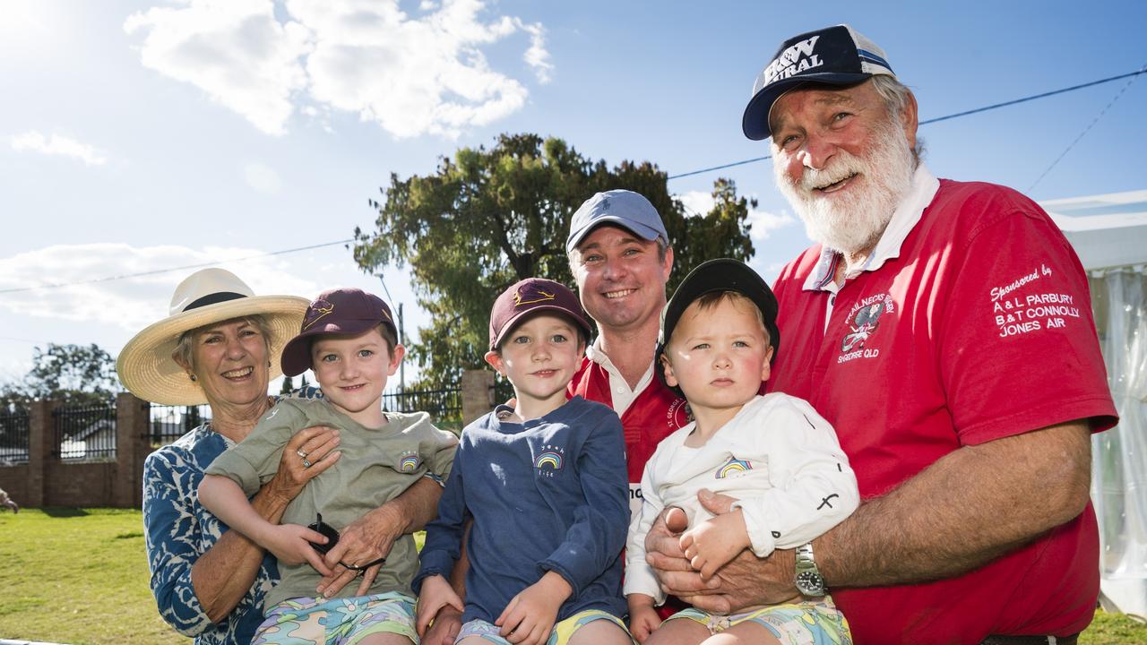 Getting behind the St George Frillnecks during the B Grade final are (from left) Pam, Fletcher, William, Tom, Digby and Don Crothers. Picture: Kevin Farmer