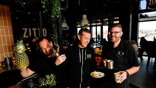 Evan Johnston, Rob Terry and Will Shave from Cafe Zitto, which has been named the best cafe in the north. Picture: AAP/Morgan Sette