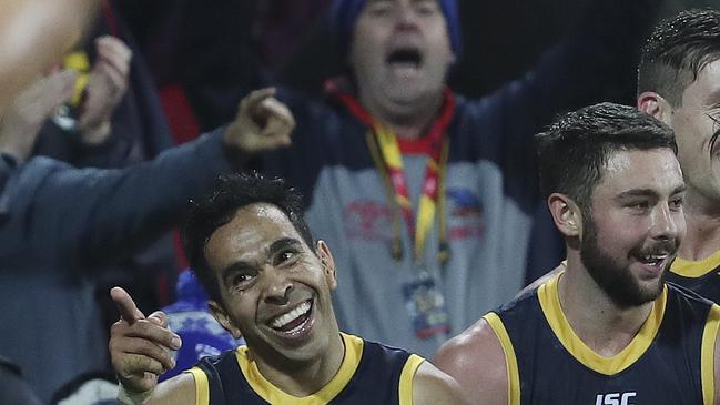 Eddie Betts gestures to Sydney Stack after his miraculous Round 13 goal. Picture SARAH REED