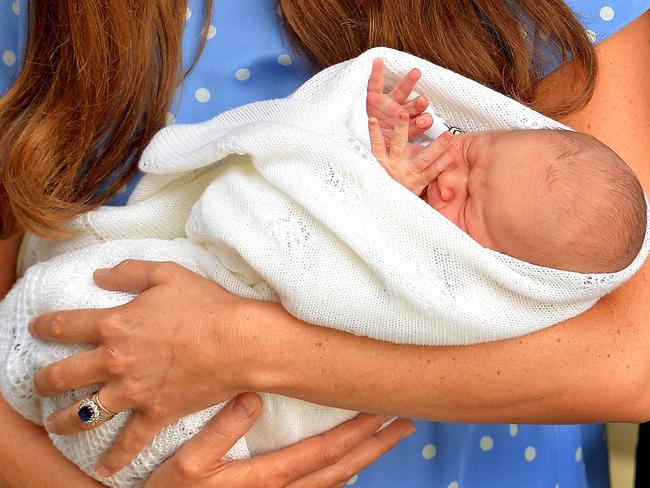 The Duchess of Cambridge holds her son George outside St Mary's Hospital in London. Picture: AFP