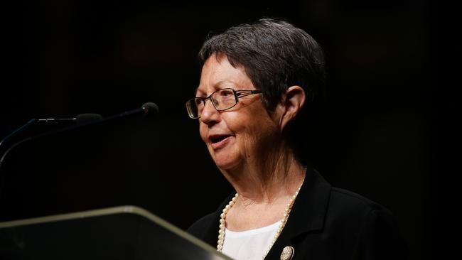 Judith Mundey speaks during the State Memorial Service at Sydney Town Hall for her husband Jack Mundey. Picture: NCA NewsWire / Gaye Gerard