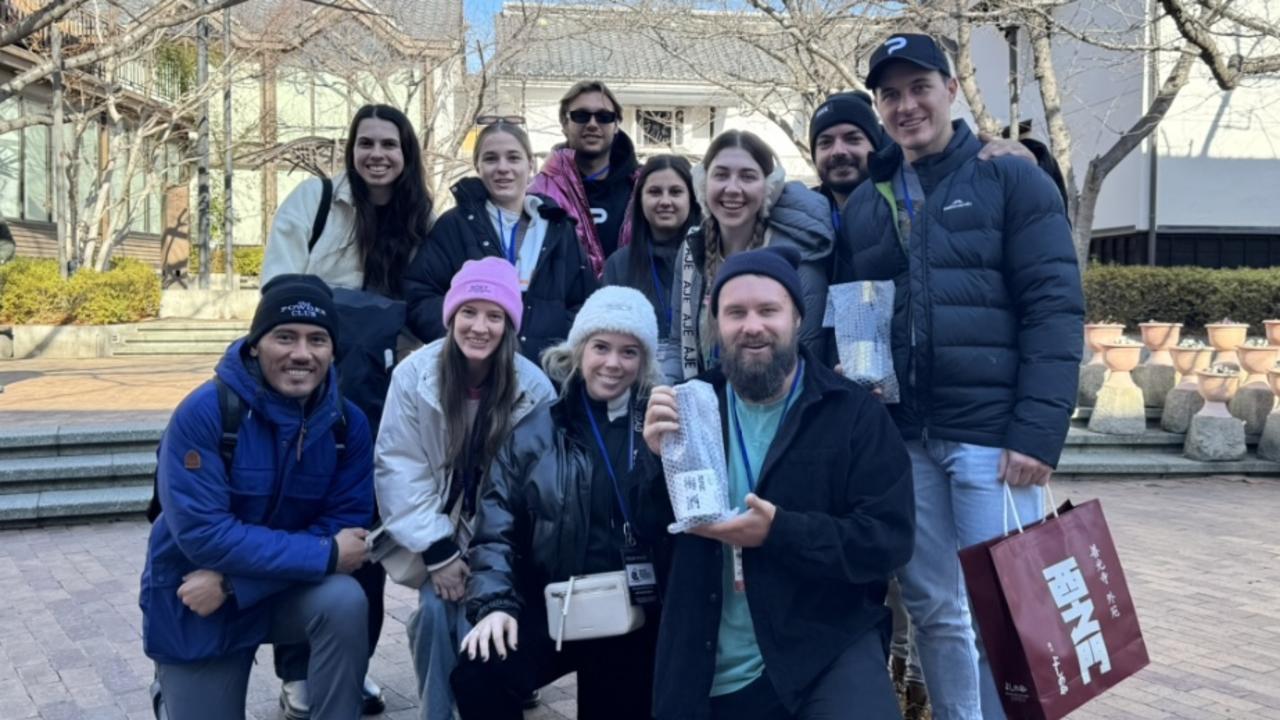 Cairns locals Sacha Joseph, Mitch Naylor, Leigh Naylor, Callan Parsons, Janie Bordonaro-Hunter, Jake Stefani, Blair King, Jan Jan Corpuz, Katelyn Lavell, Jamie Naylor, Emily Bremner and their female friend arrived in the ski town of Hakuba, Japan only one day before a 7.6 magnitude earthquake hit the western coast. Picture: Blair King