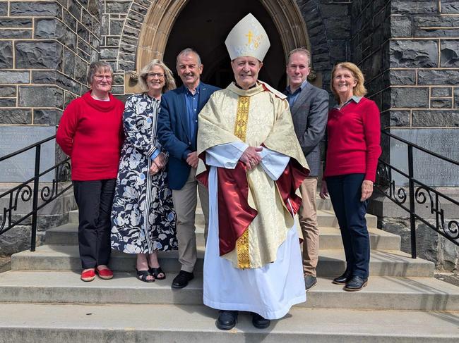 Vinnies Tasmania Southern region president Louise Wilson, chief executive officer Heather Kent, National President and Chair of St Vincent de Paul Society Australia Mark Gaetani, Catholic Archbishop of Hobart Julian Porteous, state president Corey McGrath, and North West region president Karen Maynard.