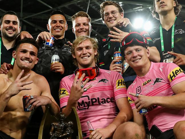 NRL 2024 GF Melbourne Storm v Penrith Panthers - Nathan Cleary Lindsay Smith Brad Schneider, Trophy,  Must Credit NRL Photos