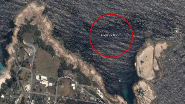 The divers went missing off Alligator Rock at Bicheno. Picture: Google Earth