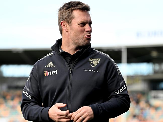 HOBART, AUSTRALIA - JULY 23: Sam Mitchell Head Coach of the Hawks is seen during the round 19 AFL match between the North Melbourne Kangaroos and the Hawthorn Hawks at Blundstone Arena on July 23, 2022 in Hobart, Australia. (Photo by Steve Bell/Getty Images)