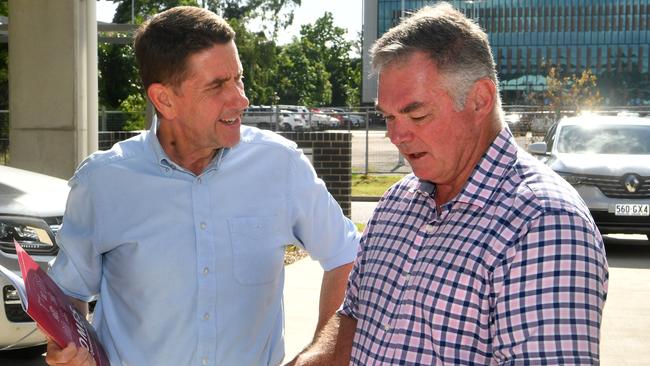 Deputy Premier Cameron Dick and Resources Minister Scott Stewart at a new public housing project in Pimlico while advocating the Queensland Government’s Homes for Queenslanders Picture: Evan Morgan