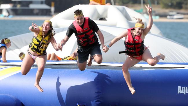 Aqua Splash at the Broadwater Parklands. Photo of Taylah Mercer, Preston Greiner, and Tiffany Taylor. Photo: Richard Gosling