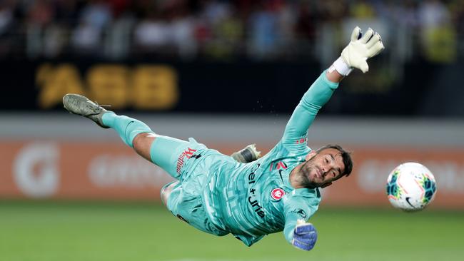 Goalkeeper Daniel Lopar of the Western Sydney Wanderers makes a save during the round-9 A-League match won by Wellington Phoenix. Picture: AAP