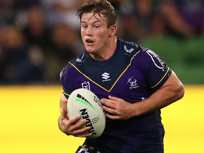 MELBOURNE, AUSTRALIA - APRIL 30:  Harry Grant of the Storm runs the ball during the round eight NRL match between the Melbourne Storm and the Cronulla Sharks at AAMI Park on April 30, 2021, in Melbourne, Australia. (Photo by Robert Cianflone/Getty Images)