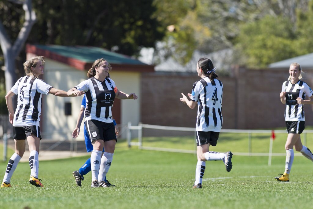 Willowburn celebrate a goal against Rockville in Toowoomba Football League Premier Women grand final at Clive Berghofer Stadium, Sunday, September 9, 2018. Picture: Kevin Farmer